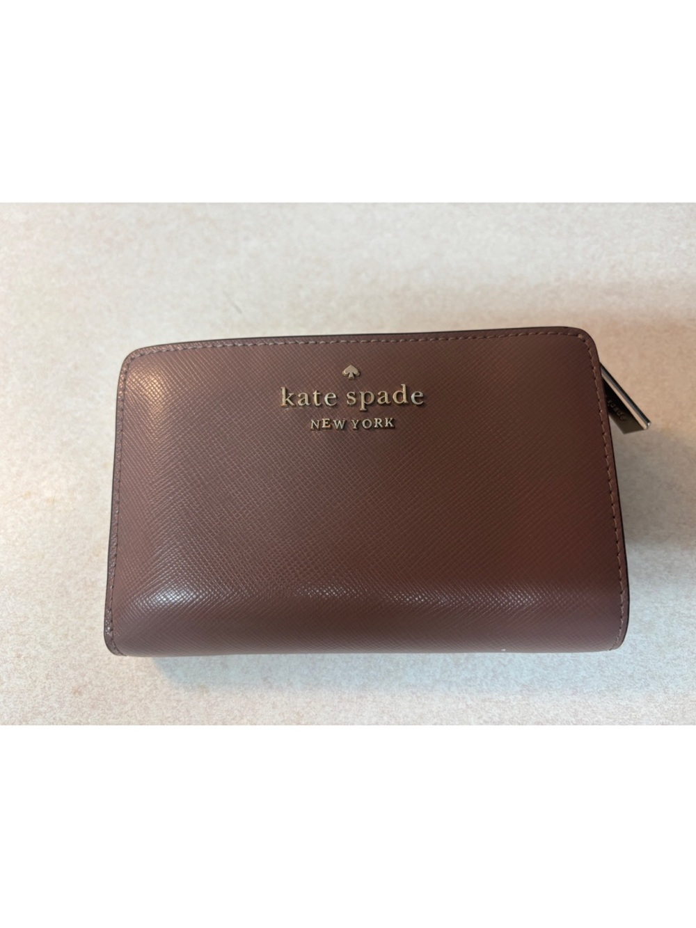 kate spade Brown Saffiano Zip Around Card Wallet with Gold Logo